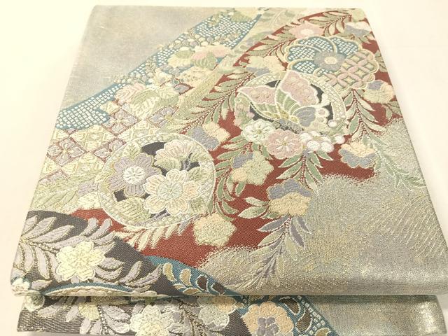 平和屋着物●六通柄袋帯　唐織　立波花蝶丸文　金糸　引箔　正絹　逸品　CABK4435vp