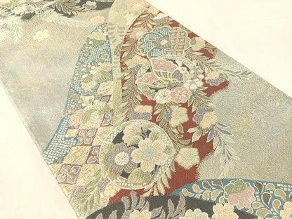平和屋着物●六通柄袋帯　唐織　立波花蝶丸文　金糸　引箔　正絹　逸品　CABK4435vp