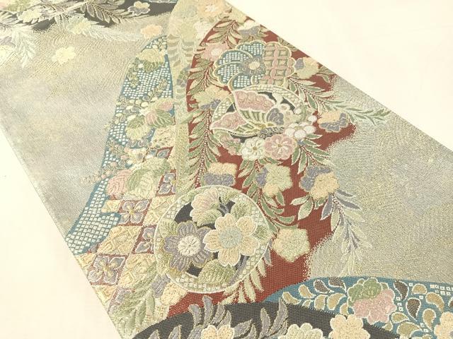 平和屋着物●六通柄袋帯　唐織　立波花蝶丸文　金糸　引箔　正絹　逸品　CABK4435vp