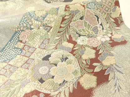 平和屋着物●六通柄袋帯　唐織　立波花蝶丸文　金糸　引箔　正絹　逸品　CABK4435vp
