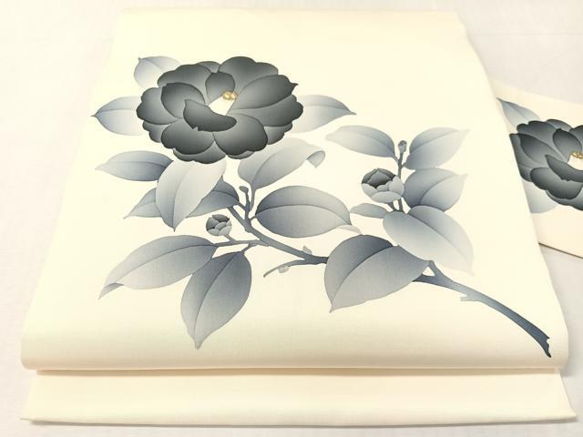 平和屋着物●塩瀬　九寸名古屋帯　ろうけつ染　枝椿　金彩　正絹　逸品　CABK4439vp
