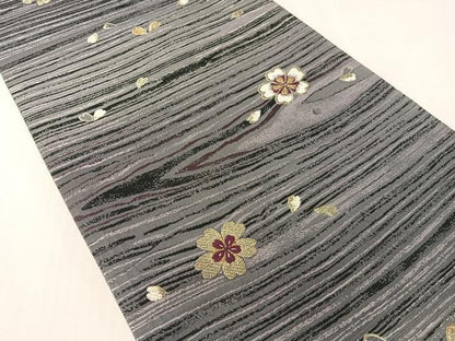 平和屋着物●両面　六通柄袋帯　和紙・バンブー糸織　舞桜　金糸　正絹　逸品　CABK4444vp