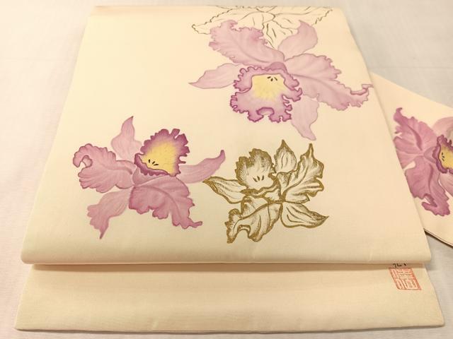 平和屋着物●塩瀬　九寸名古屋帯　作家物　カトレア　金彩　正絹　逸品　CABK4453vp