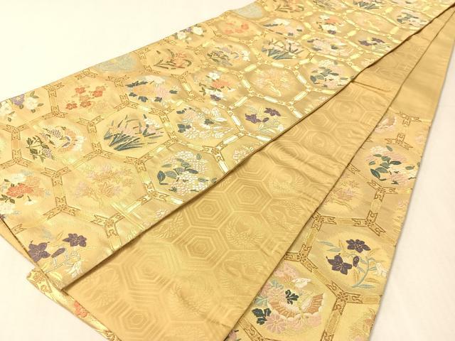 平和屋着物●六通柄袋帯　唐織　亀甲花文　金糸　正絹　逸品　CABK4465vp