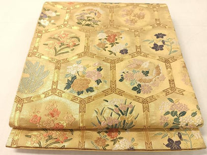 平和屋着物●六通柄袋帯　唐織　亀甲花文　金糸　正絹　逸品　CABK4465vp