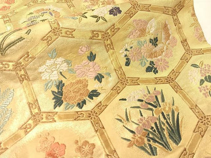 平和屋着物●六通柄袋帯　唐織　亀甲花文　金糸　正絹　逸品　CABK4465vp
