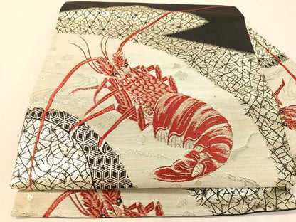 平和屋着物●アンティーク　大正ロマン　九寸名古屋帯　海老　黒地　銀糸　正絹　逸品　CABK4475vp
