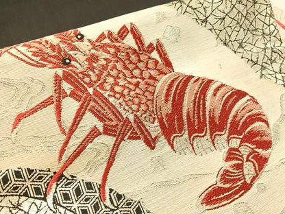 平和屋着物●アンティーク　大正ロマン　九寸名古屋帯　海老　黒地　銀糸　正絹　逸品　CABK4475vp