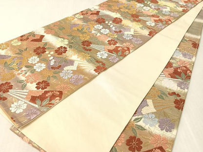 平和屋着物●六通柄袋帯　唐織　扇面枝垂れ桜　金糸　正絹　逸品　CABK4486vp