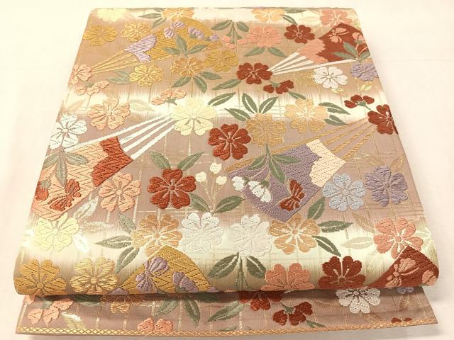 平和屋着物●六通柄袋帯　唐織　扇面枝垂れ桜　金糸　正絹　逸品　CABK4486vp