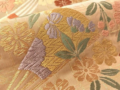 平和屋着物●六通柄袋帯　唐織　扇面枝垂れ桜　金糸　正絹　逸品　CABK4486vp
