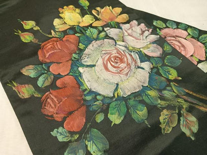平和屋着物●アンティーク　大正ロマン　九寸名古屋帯　手描き　バラ　黒地　正絹　逸品　CABK4489vp