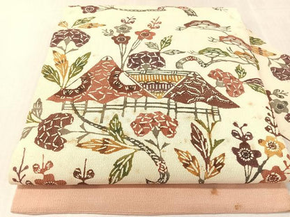 平和屋着物●九寸名古屋帯　型染め　風景花文　正絹　逸品　CABK4492vp