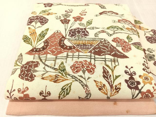 平和屋着物●九寸名古屋帯　型染め　風景花文　正絹　逸品　CABK4492vp