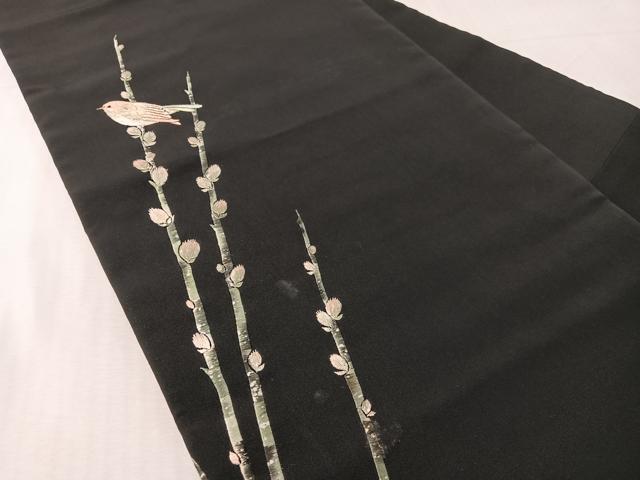 平和屋着物●九寸名古屋帯　総刺繍　休み鳥　黒地　金糸　正絹　逸品　CABK4493vp