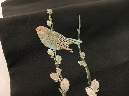 平和屋着物●九寸名古屋帯　総刺繍　休み鳥　黒地　金糸　正絹　逸品　CABK4493vp