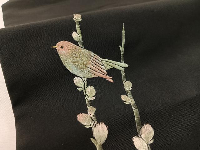 平和屋着物●九寸名古屋帯　総刺繍　休み鳥　黒地　金糸　正絹　逸品　CABK4493vp