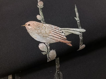 平和屋着物●九寸名古屋帯　総刺繍　休み鳥　黒地　金糸　正絹　逸品　CABK4493vp
