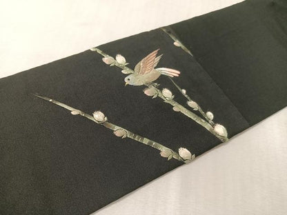 平和屋着物●九寸名古屋帯　総刺繍　休み鳥　黒地　金糸　正絹　逸品　CABK4493vp