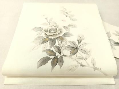 平和屋着物●塩瀬　九寸名古屋帯　手描き　枝花文　金彩　正絹　逸品　CABK4495vp
