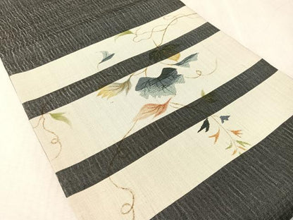 平和屋着物●太鼓柄袋帯　紬地　横段蔦の葉文　正絹　逸品　CABK4506vp