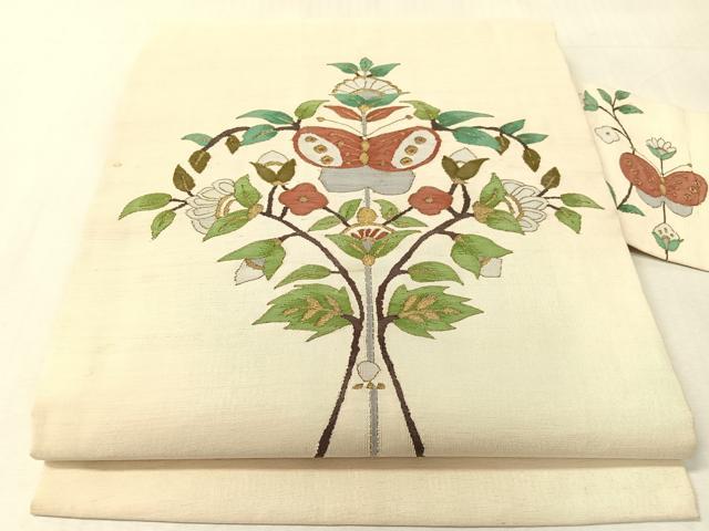 平和屋着物●明綴　九寸名古屋帯　更紗花蝶文　金糸　正絹　逸品　CABK4511vp
