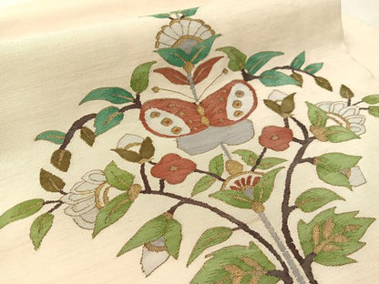 平和屋着物●明綴　九寸名古屋帯　更紗花蝶文　金糸　正絹　逸品　CABK4511vp