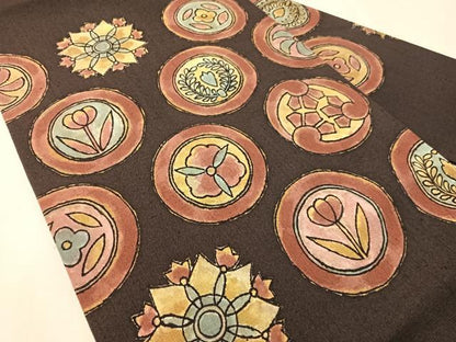 平和屋着物●九寸名古屋帯　紬地　吉祥花丸文　正絹　逸品　CABK4516vp