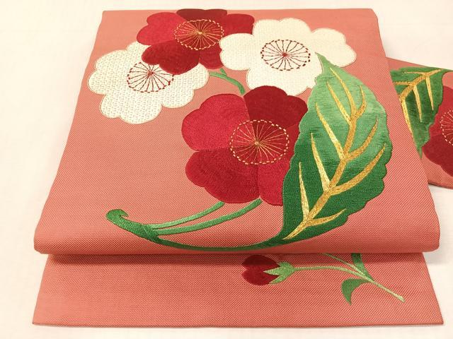 平和屋着物●アンティーク　大正ロマン　九寸名古屋帯　総手刺繍　駒刺繍　草花文　正絹　逸品　CABK4528vp