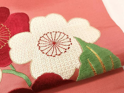 平和屋着物●アンティーク　大正ロマン　九寸名古屋帯　総手刺繍　駒刺繍　草花文　正絹　逸品　CABK4528vp