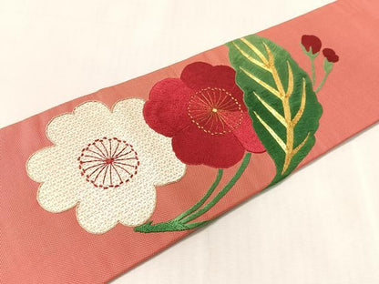 平和屋着物●アンティーク　大正ロマン　九寸名古屋帯　総手刺繍　駒刺繍　草花文　正絹　逸品　CABK4528vp