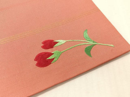平和屋着物●アンティーク　大正ロマン　九寸名古屋帯　総手刺繍　駒刺繍　草花文　正絹　逸品　CABK4528vp