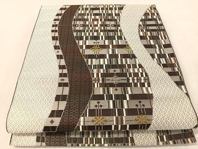 平和屋着物●本場筑前博多織　八寸名古屋帯　よろけ縞花文　金銀糸　正絹　逸品　CABK4541vp