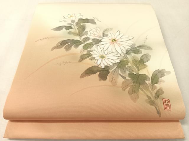 平和屋着物●塩瀬　九寸開き名古屋帯　作家物　手描き　菊花文　金銀彩　正絹　逸品　CABK4546vp