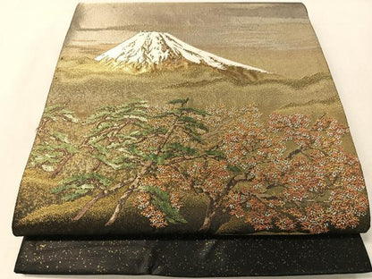 平和屋着物●近代日本画の巨匠　横山大観　じゅらく謹製　太鼓柄袋帯　不二霊峰　黒地　金糸　引箔　正絹　逸品　CABK4552vp