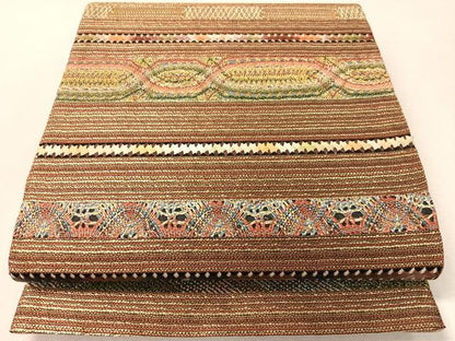 平和屋着物●六通柄袋帯　リボン織　横段文　金糸　正絹　逸品　CABK4553vp