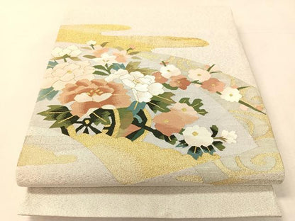 平和屋着物●爪掻き本綴れ　太鼓柄袋帯　地紙花車文　金銀糸　正絹　逸品　CABK4566vp