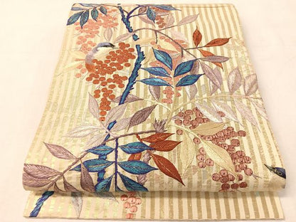 平和屋着物●アンティーク　大正ロマン　丸帯　総手刺繍　休み鳥　金糸　引き抜き帯　正絹　逸品　CABK4567vp