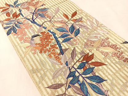 平和屋着物●アンティーク　大正ロマン　丸帯　総手刺繍　休み鳥　金糸　引き抜き帯　正絹　逸品　CABK4567vp