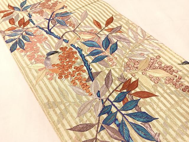 平和屋着物●アンティーク　大正ロマン　丸帯　総手刺繍　休み鳥　金糸　引き抜き帯　正絹　逸品　CABK4567vp