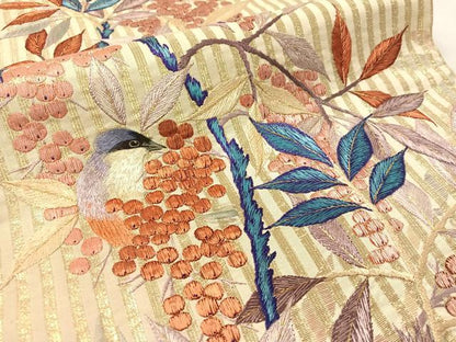 平和屋着物●アンティーク　大正ロマン　丸帯　総手刺繍　休み鳥　金糸　引き抜き帯　正絹　逸品　CABK4567vp