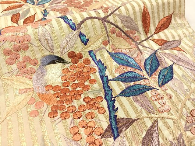 平和屋着物●アンティーク　大正ロマン　丸帯　総手刺繍　休み鳥　金糸　引き抜き帯　正絹　逸品　CABK4567vp