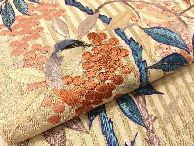 平和屋着物●アンティーク　大正ロマン　丸帯　総手刺繍　休み鳥　金糸　引き抜き帯　正絹　逸品　CABK4567vp