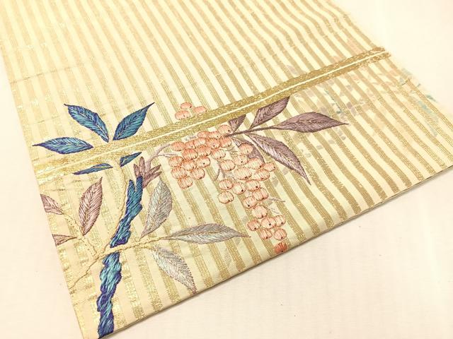 平和屋着物●アンティーク　大正ロマン　丸帯　総手刺繍　休み鳥　金糸　引き抜き帯　正絹　逸品　CABK4567vp