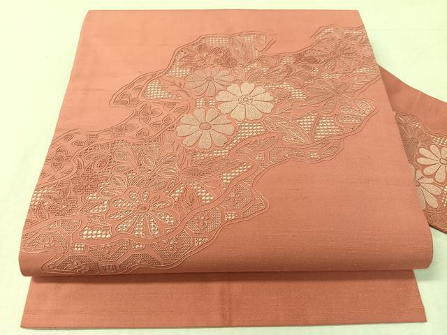 平和屋着物●中国三大刺繍 スワトウ相良刺繍 総刺繍 九寸名古屋帯 紬地 道長花文 蘇芳香色 証紙付き 正絹 逸品 未使用 CABK4569vp