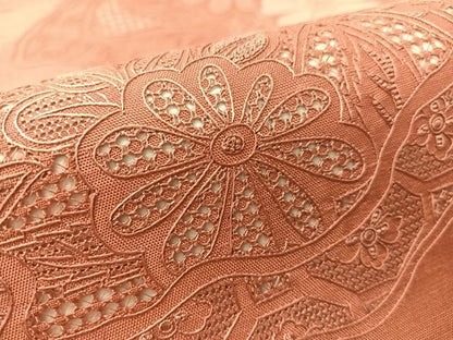 平和屋着物●中国三大刺繍 スワトウ相良刺繍 総刺繍 九寸名古屋帯 紬地 道長花文 蘇芳香色 証紙付き 正絹 逸品 未使用 CABK4569vp