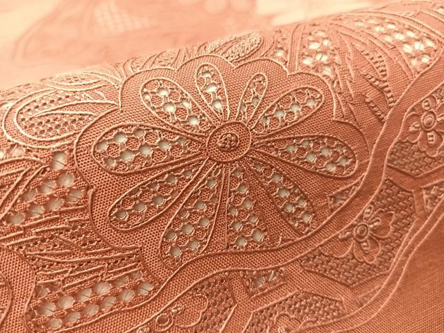 平和屋着物●中国三大刺繍 スワトウ相良刺繍 総刺繍 九寸名古屋帯 紬地 道長花文 蘇芳香色 証紙付き 正絹 逸品 未使用 CABK4569vp
