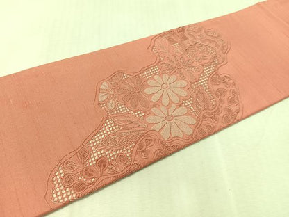 平和屋着物●中国三大刺繍 スワトウ相良刺繍 総刺繍 九寸名古屋帯 紬地 道長花文 蘇芳香色 証紙付き 正絹 逸品 未使用 CABK4569vp