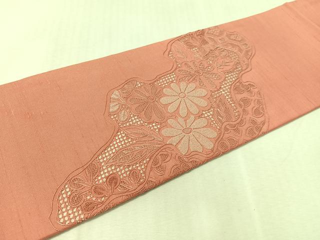 平和屋着物●中国三大刺繍 スワトウ相良刺繍 総刺繍 九寸名古屋帯 紬地 道長花文 蘇芳香色 証紙付き 正絹 逸品 未使用 CABK4569vp