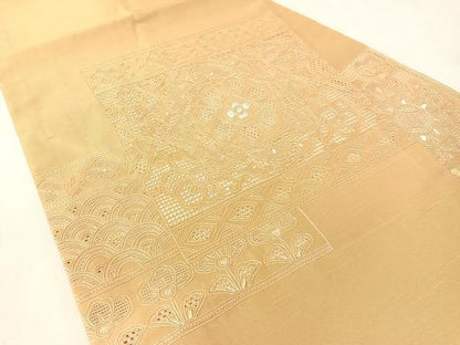平和屋着物●中国三大刺繍　スワトウ相良刺繍　総刺繍　九寸名古屋帯　紬地　色紙吉祥花文　飴色　正絹　逸品　未使用　CABK4571vp